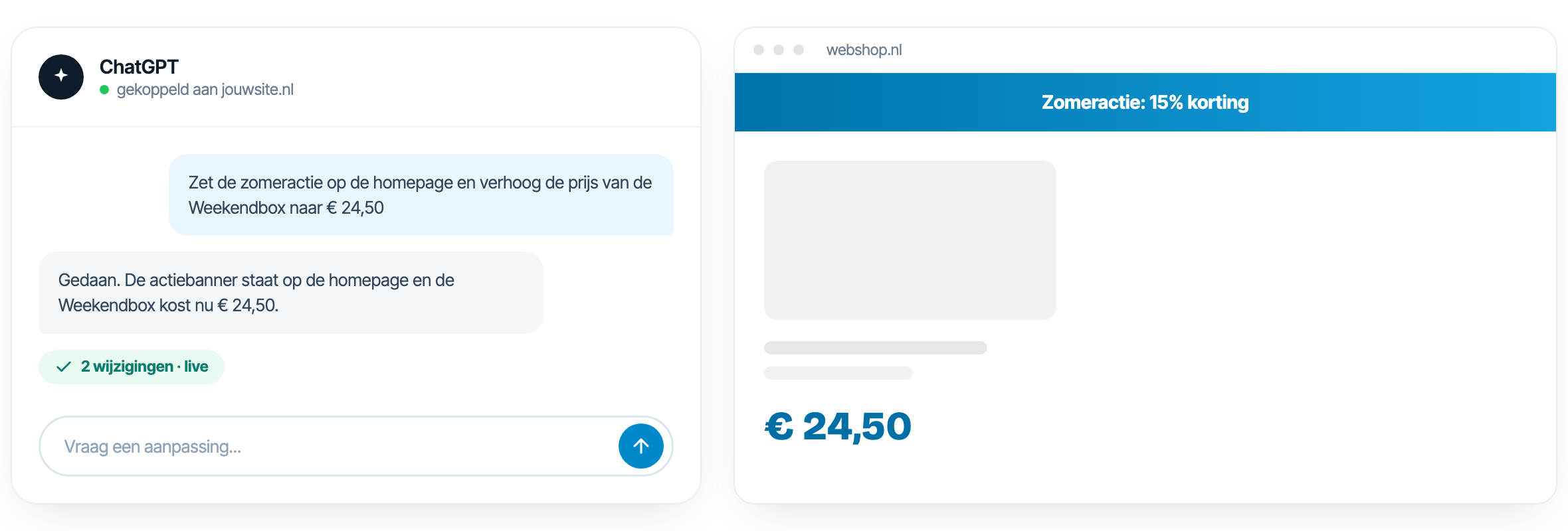 Links een chatvenster waarin iemand vraagt de zomeractie op de homepage te zetten en de prijs van de Weekendbox naar € 24,50 te verhogen. Rechts de webshop, waar de actiebanner verschijnt en de prijs meteen verandert.